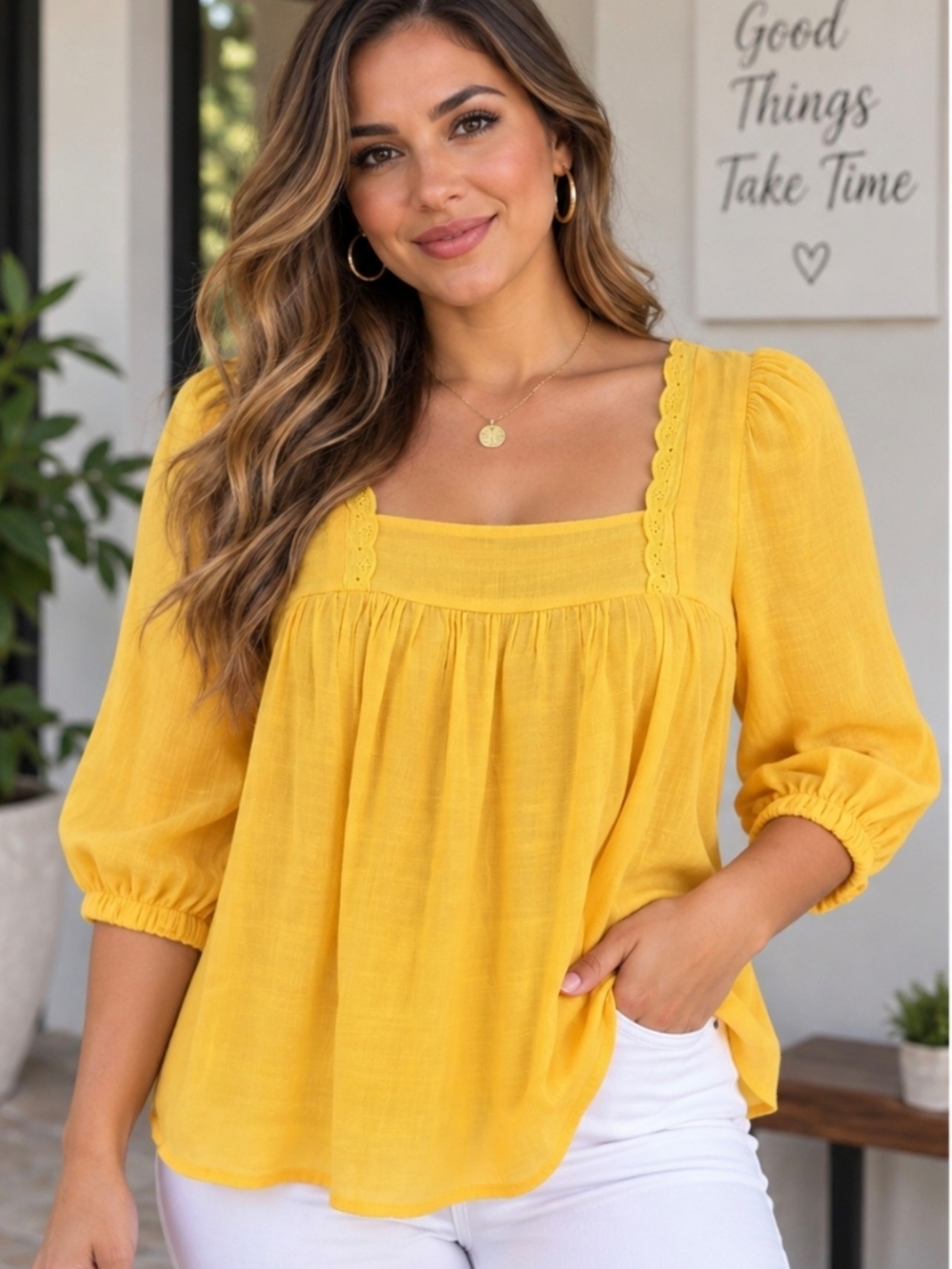 Hope & Harlow Women’s Small Yellow Mustard Peasant Blouse 3/4 Sleeve SKU0336